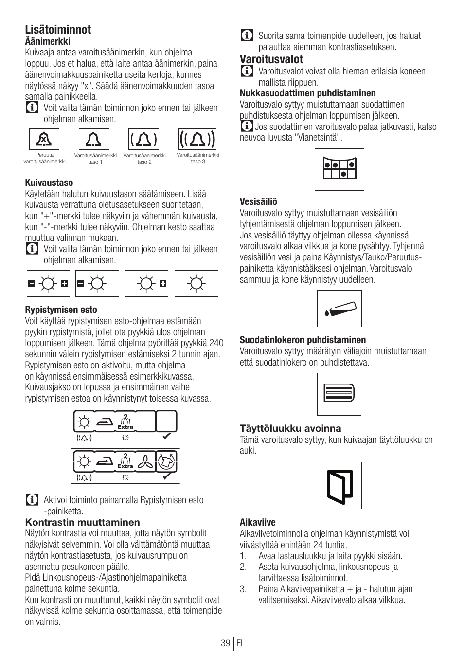 Lisätoiminnot, Varoitusvalot | Blomberg TKF 8451 SGC 30 User Manual | Page 39 / 48