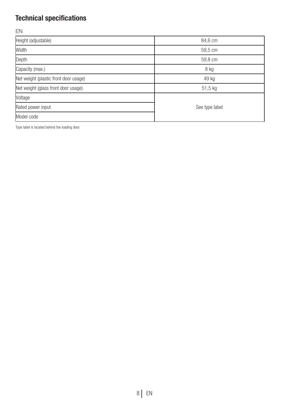 Technical specifications | Blomberg TKF 8451 SGC 30 User Manual | Page 8 / 48