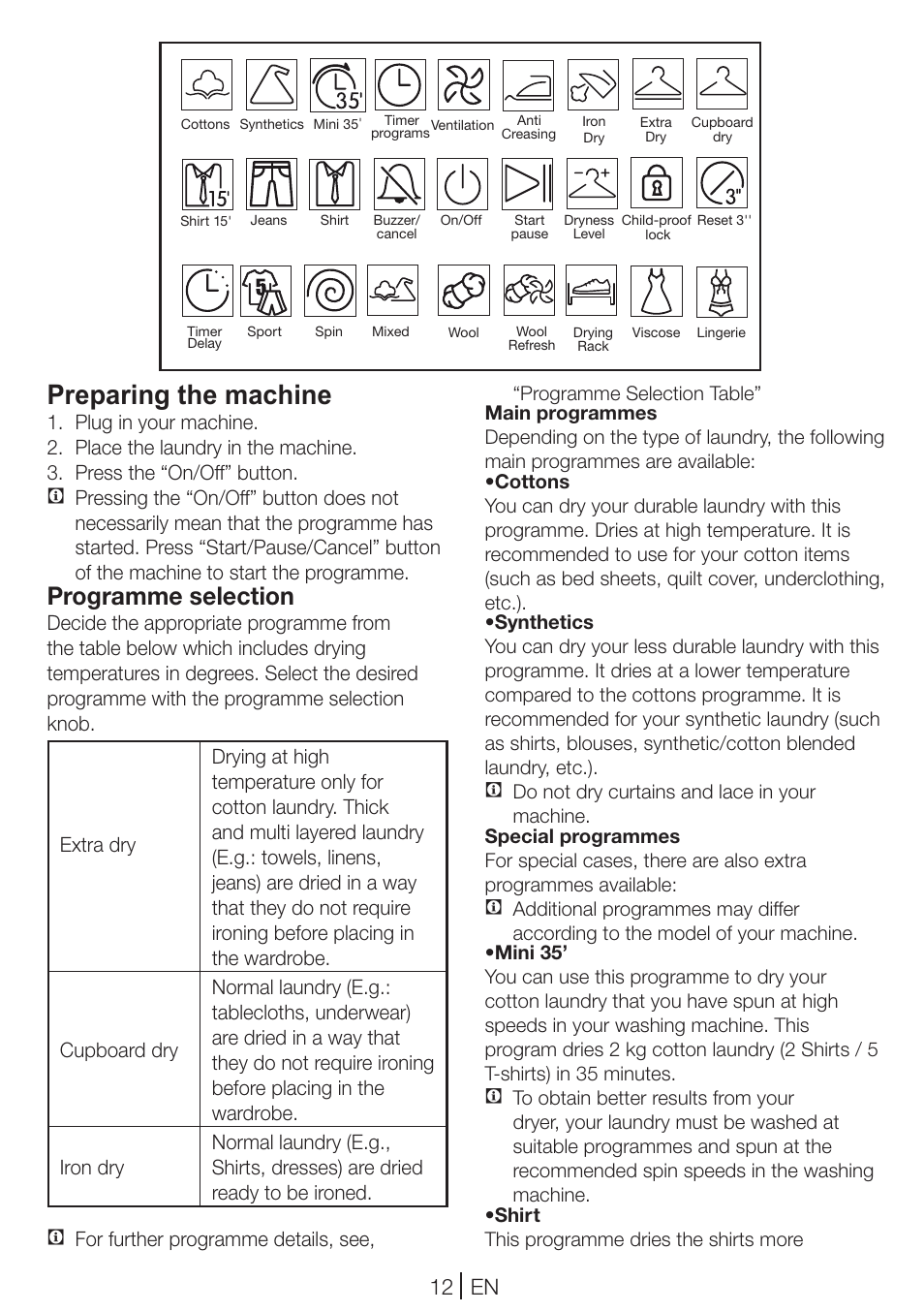 Preparing the machine, Programme selection, 12 en | For further programme details, see | Blomberg TKF 8461 AGC User Manual | Page 12 / 44