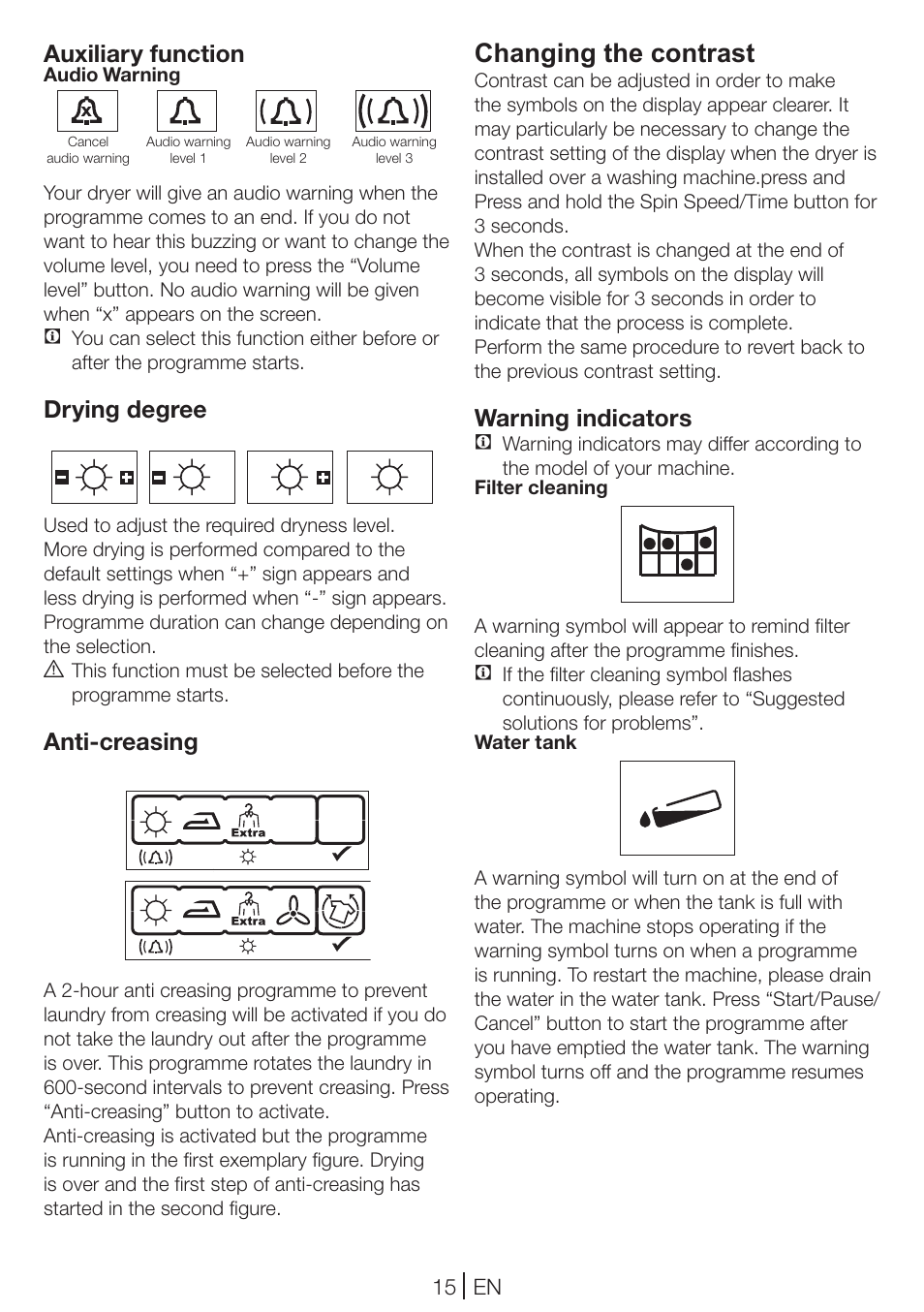 Changing the contrast, Auxiliary function, Drying degree | Anti-creasing, Warning indicators | Blomberg TKF 8461 AGC User Manual | Page 15 / 44