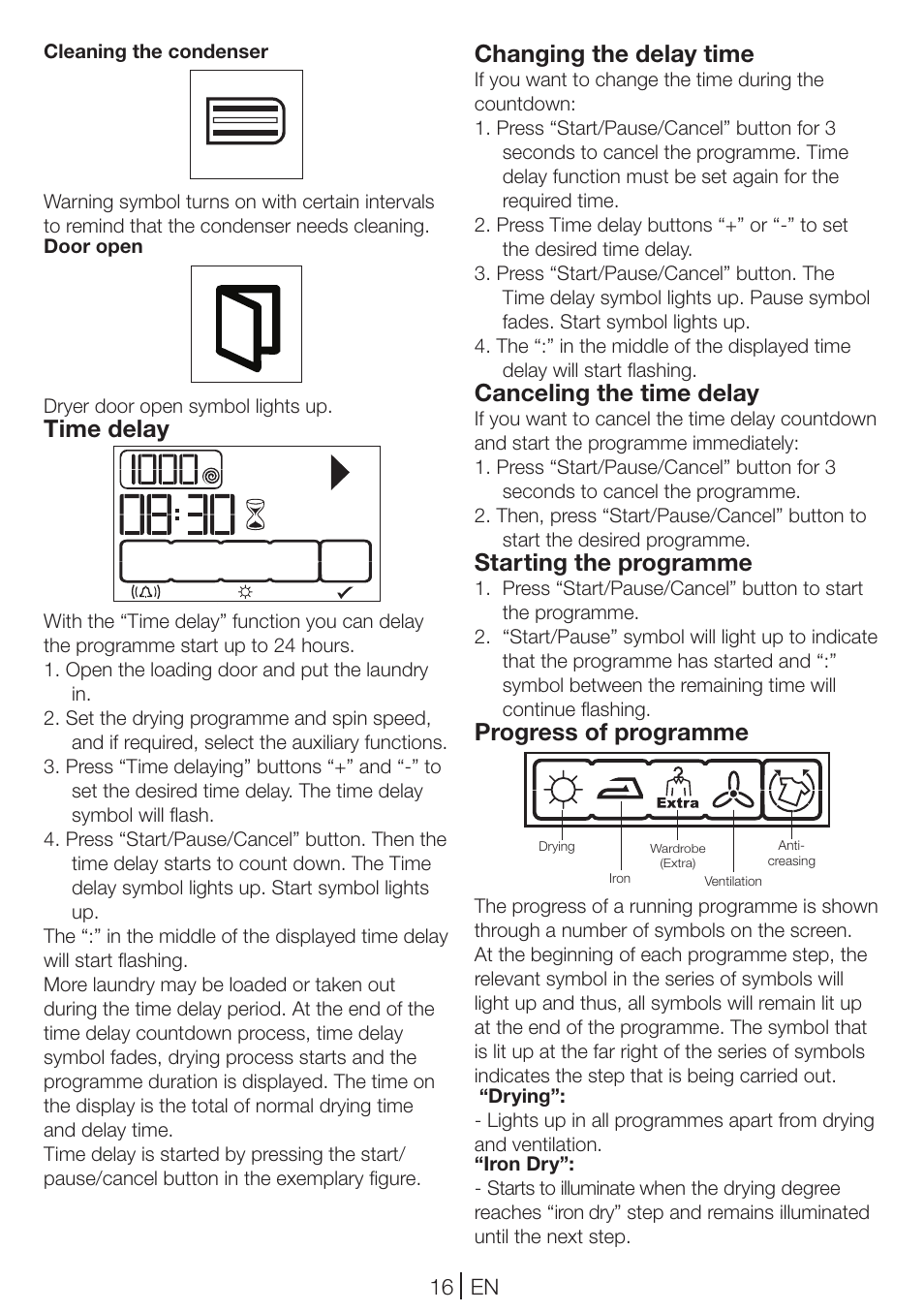 Time delay, Changing the delay time, Canceling the time delay | Starting the programme, Progress of programme | Blomberg TKF 8461 AGC User Manual | Page 16 / 44