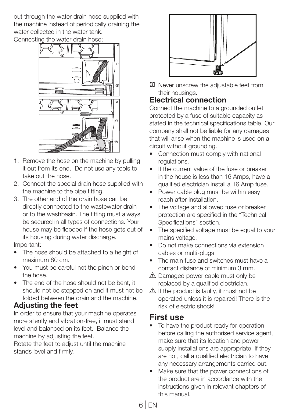 First use, Electrical connection, Adjusting the feet | Blomberg TKF 8461 AGC User Manual | Page 6 / 44