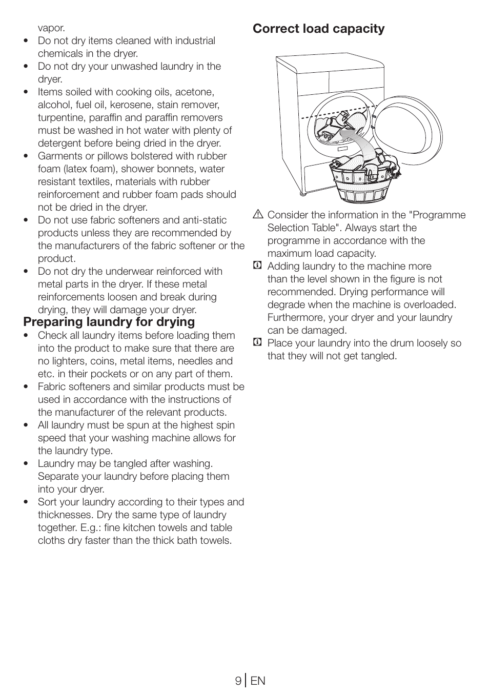 Preparing laundry for drying, Correct load capacity | Blomberg TKF 8461 AGC User Manual | Page 9 / 44