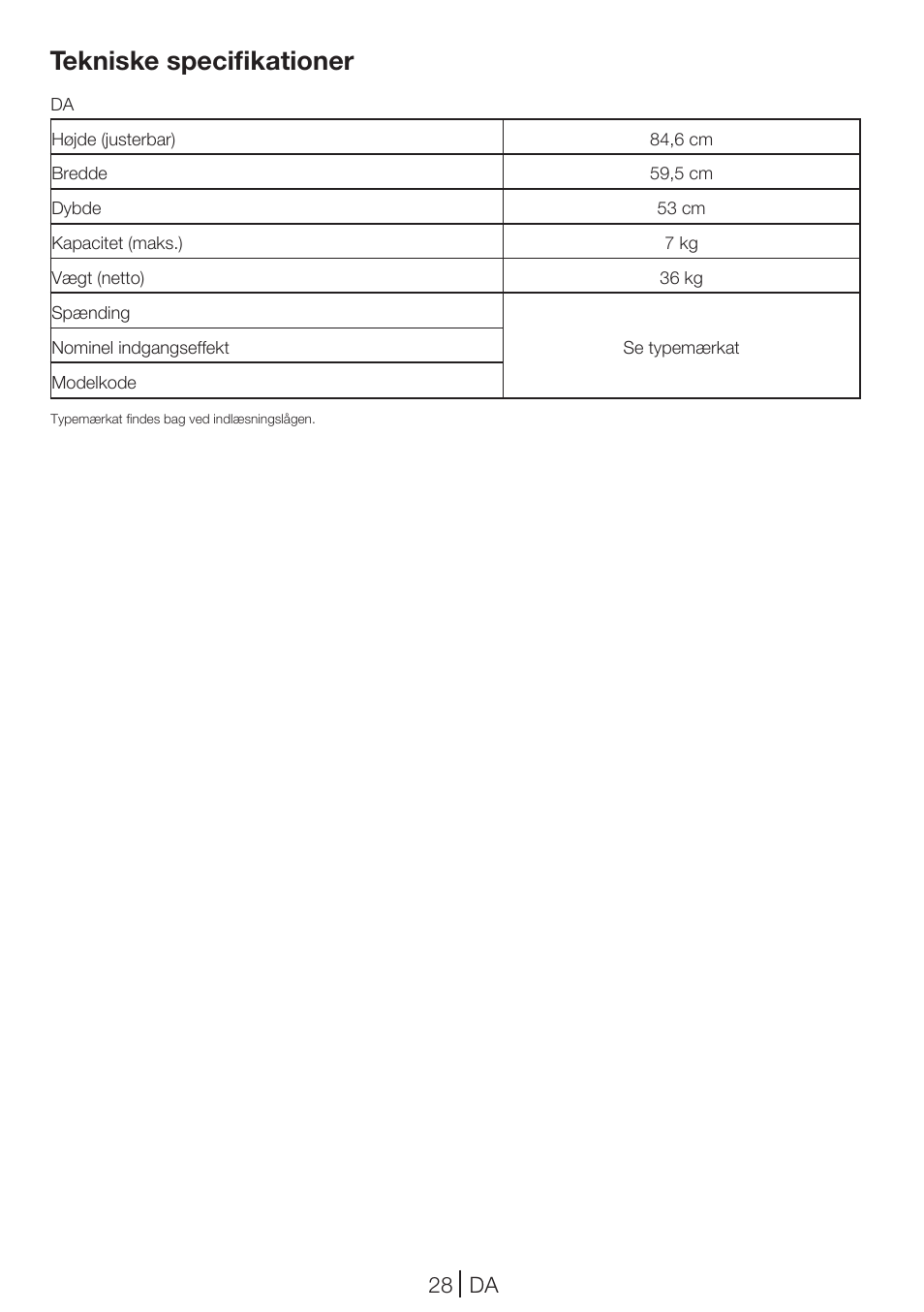 Tekniske specifikationer, 28 da | Blomberg TKF 7431 A User Manual | Page 28 / 64