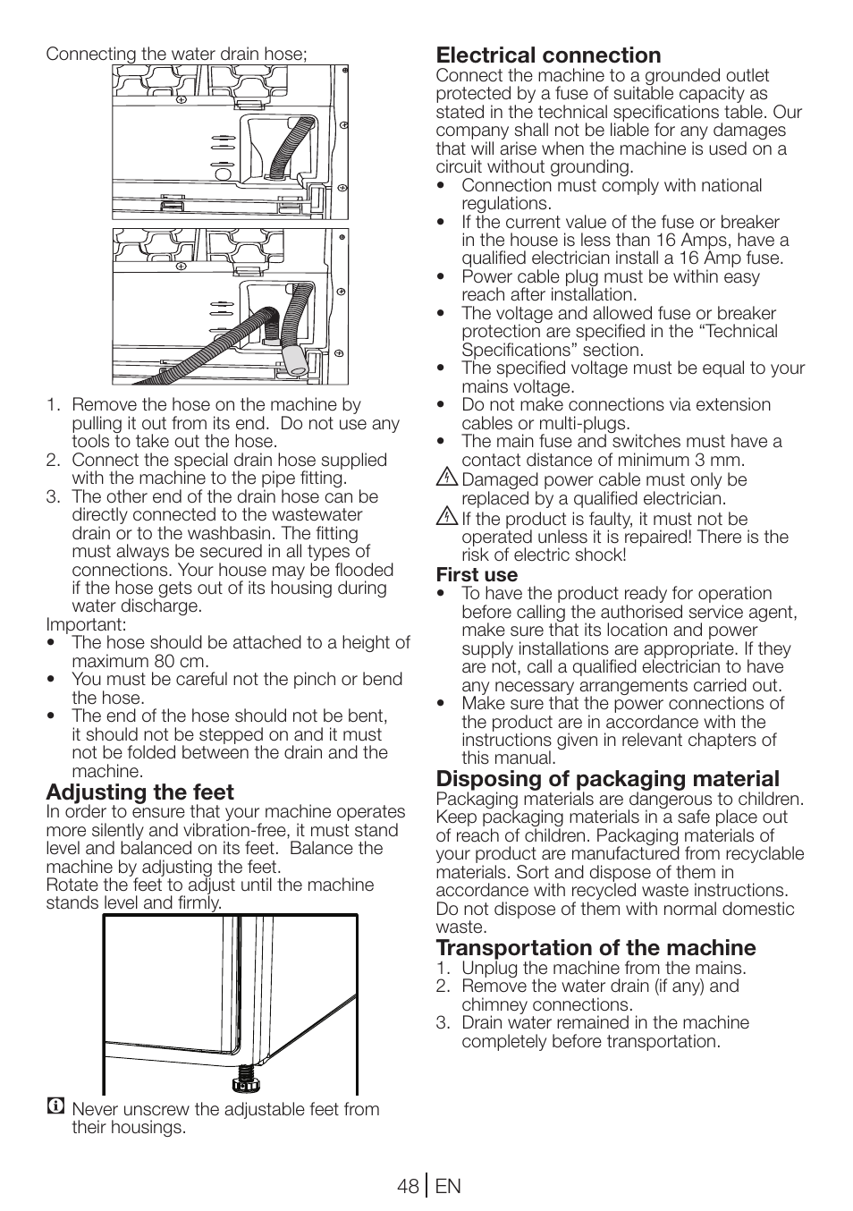 Adjusting the feet, Electrical connection, Disposing of packaging material | Transportation of the machine | Blomberg TKF 7431 A User Manual | Page 48 / 64