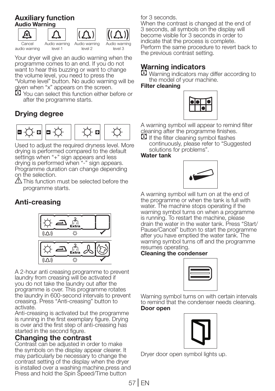Auxiliary function, Drying degree, Anti-creasing | Changing the contrast, Warning indicators | Blomberg TKF 7431 A User Manual | Page 57 / 64