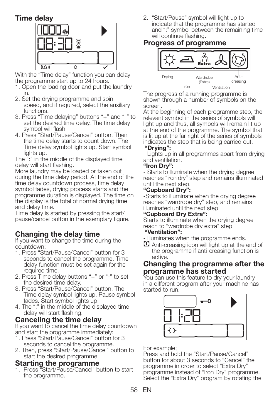 Time delay, Changing the delay time, Canceling the time delay | Starting the programme, Progress of programme | Blomberg TKF 7431 A User Manual | Page 58 / 64