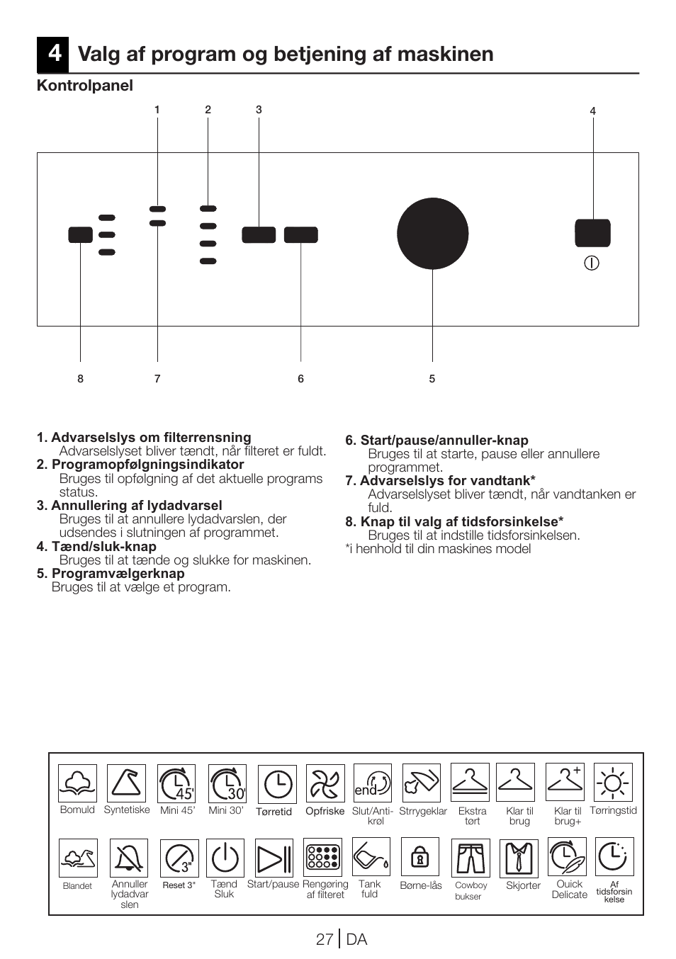 Valg af program og betjening af maskinen, 27 da, Kontrolpanel | Blomberg TKF 7231 User Manual | Page 27 / 52