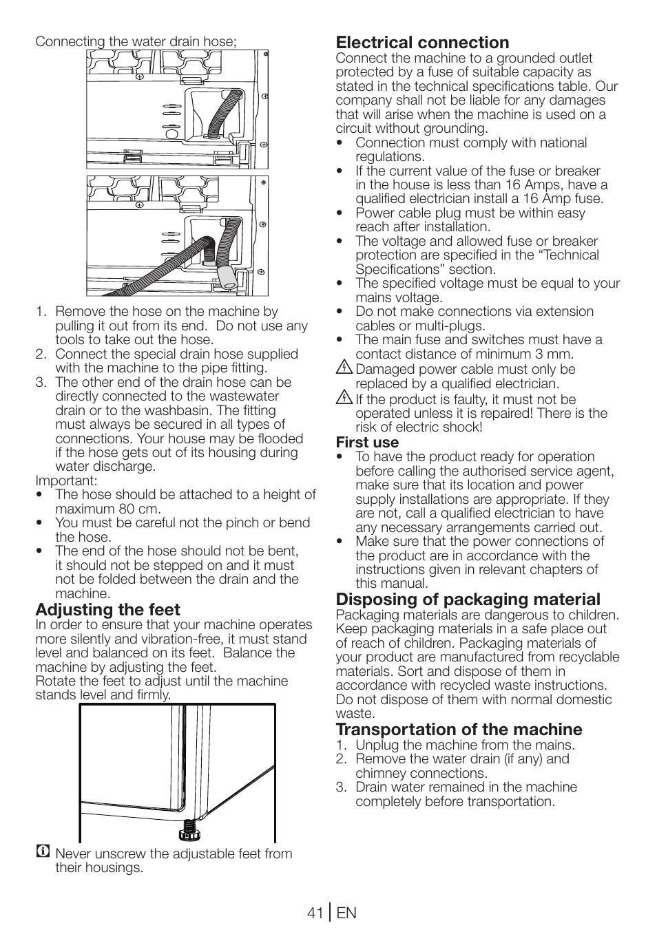 Adjusting the feet, Electrical connection, Disposing of packaging material | Transportation of the machine | Blomberg TKF 7231 User Manual | Page 41 / 52