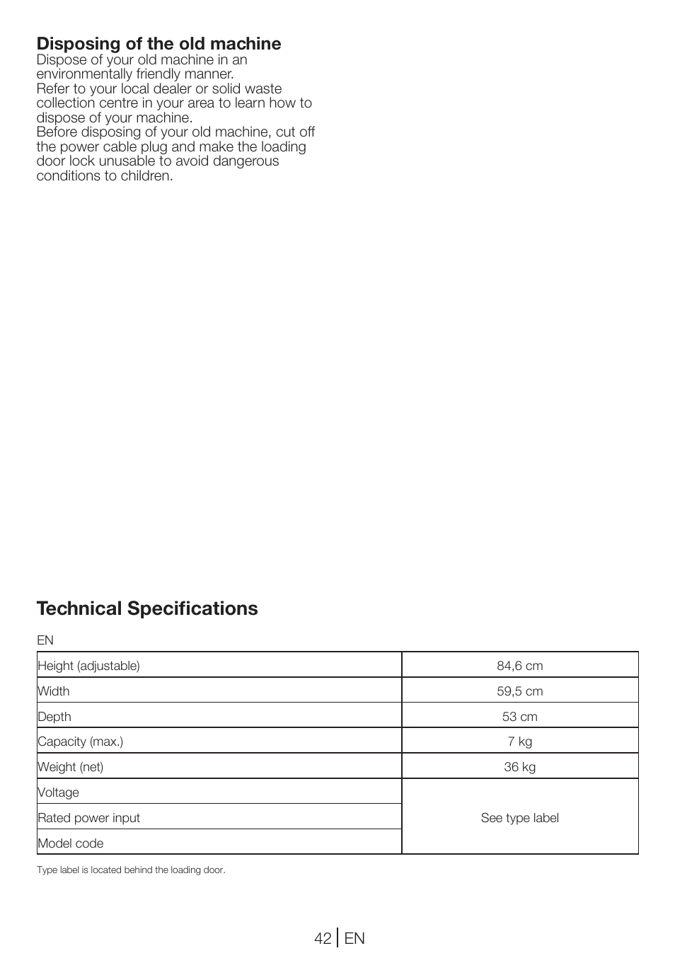 Technical specifications, Disposing of the old machine | Blomberg TKF 7231 User Manual | Page 42 / 52