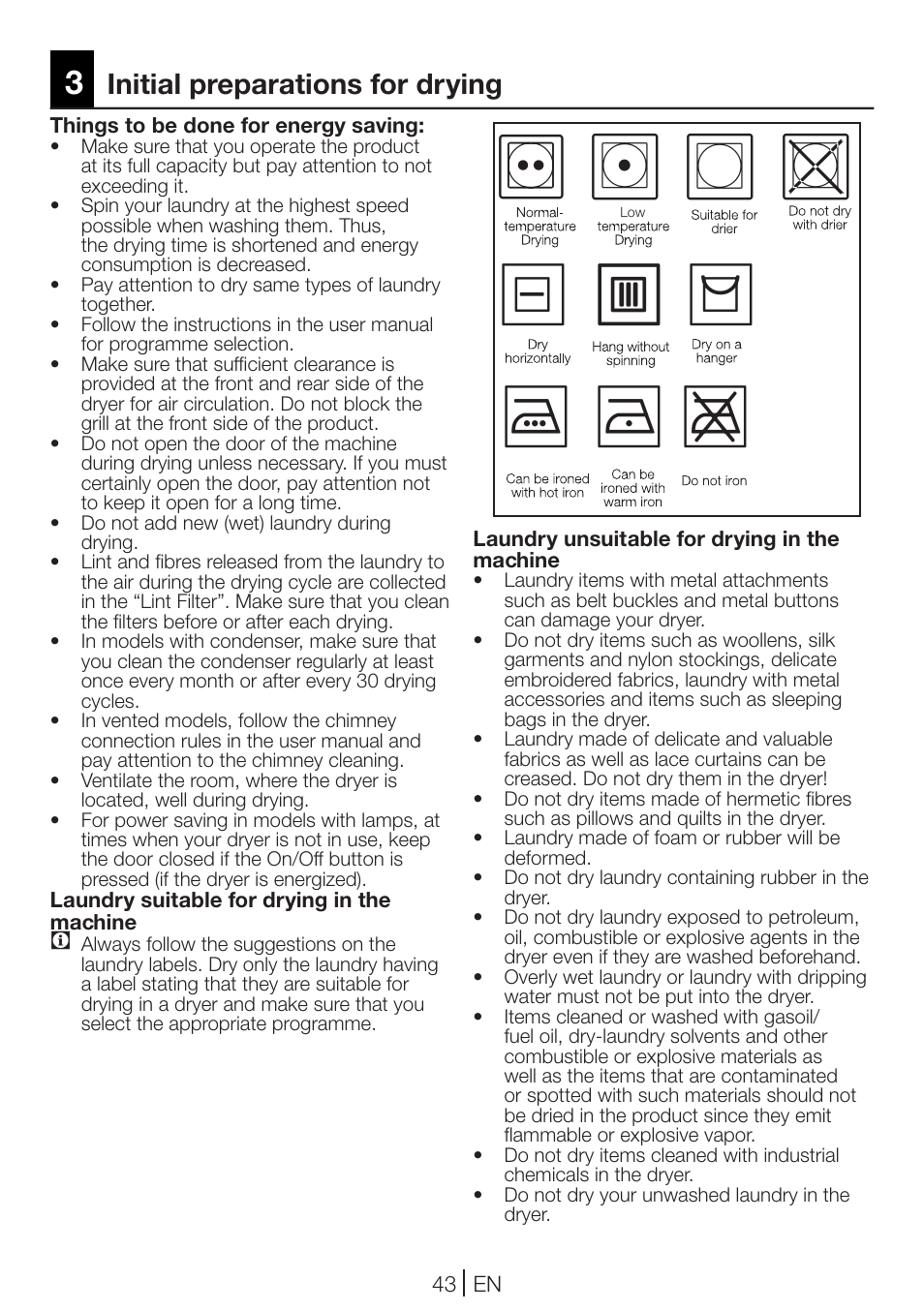 Initial preparations for drying | Blomberg TKF 7231 User Manual | Page 43 / 52