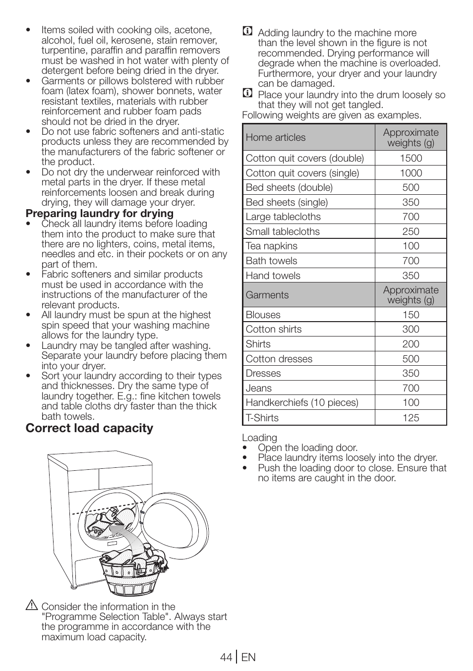 Correct load capacity | Blomberg TKF 7231 User Manual | Page 44 / 52