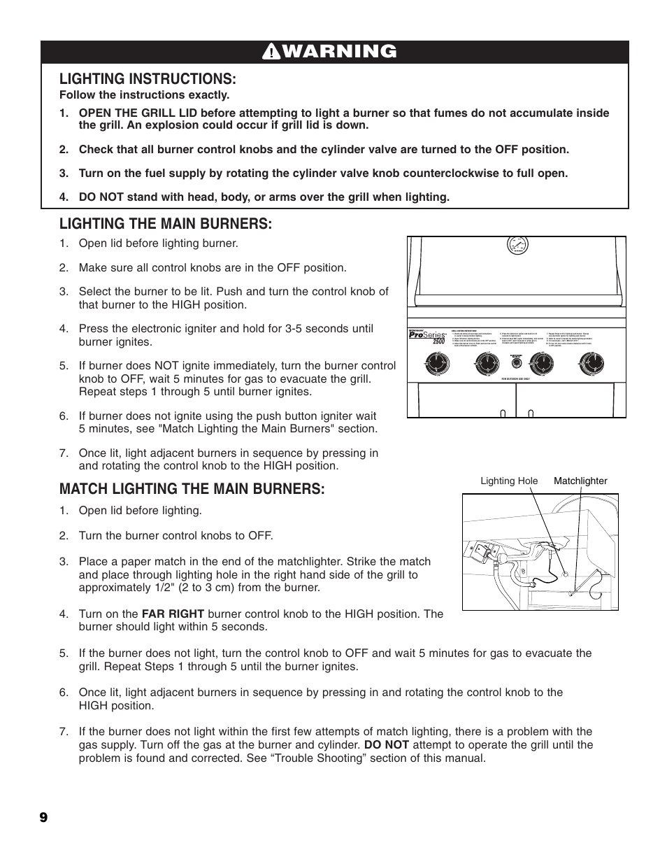 Warning, Lighting instructions, Lighting the main burners | Match lighting the main burners | Brinkmann 2500 User Manual | Page 10 / 32