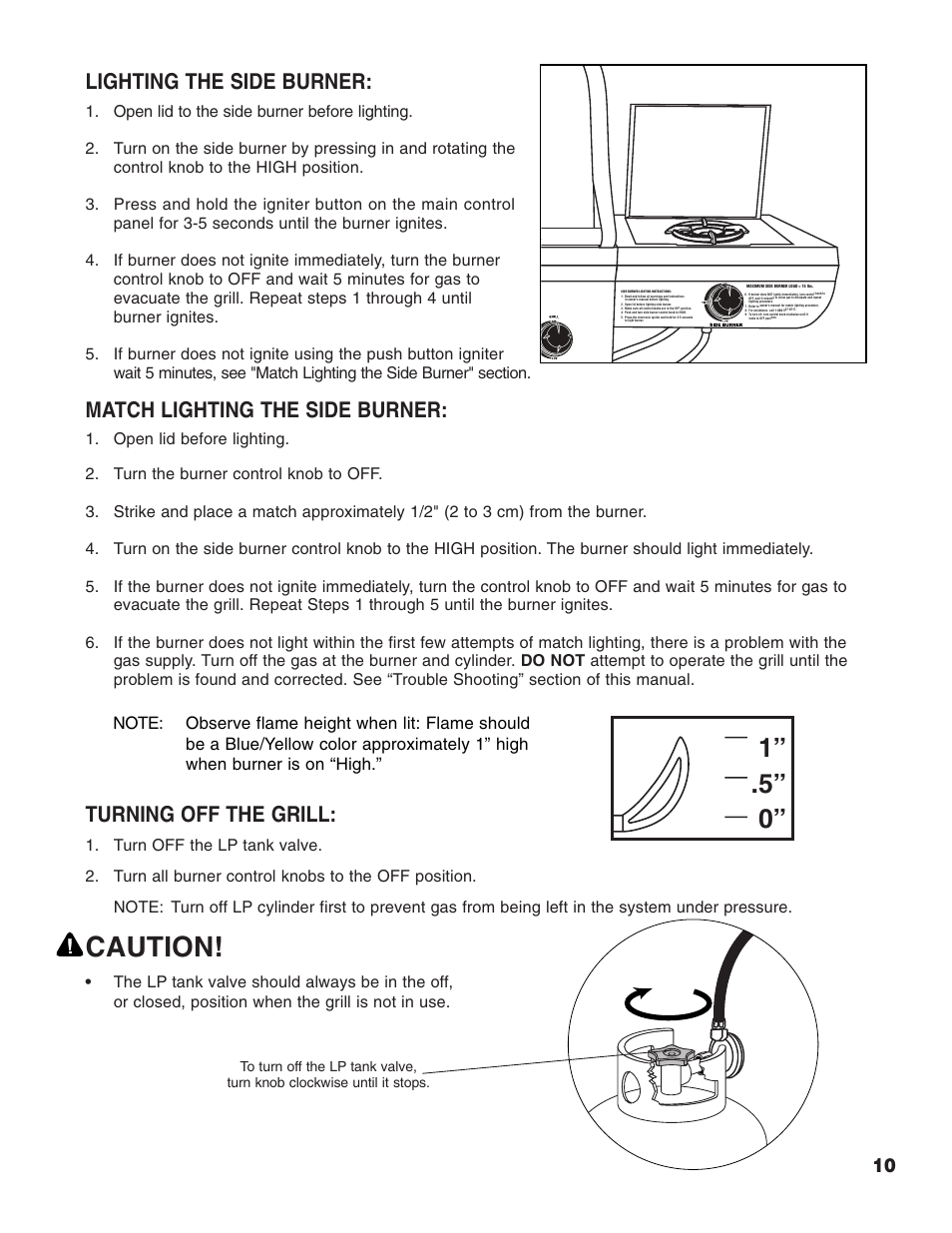 Caution, Lighting the side burner, Match lighting the side burner | Turning off the grill | Brinkmann 2500 User Manual | Page 11 / 32