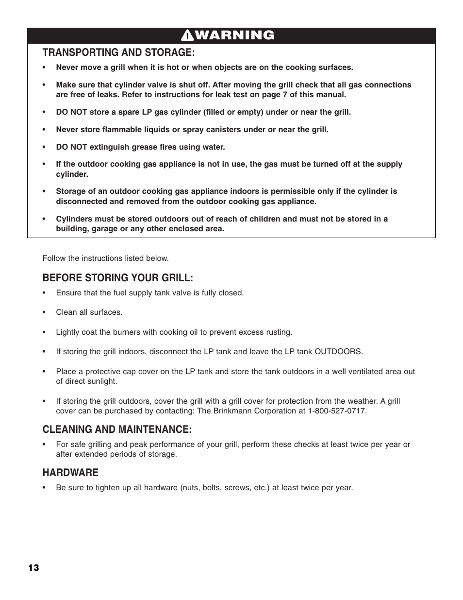 Warning, Transporting and storage, Before storing your grill | Cleaning and maintenance, Hardware | Brinkmann 2500 User Manual | Page 14 / 32