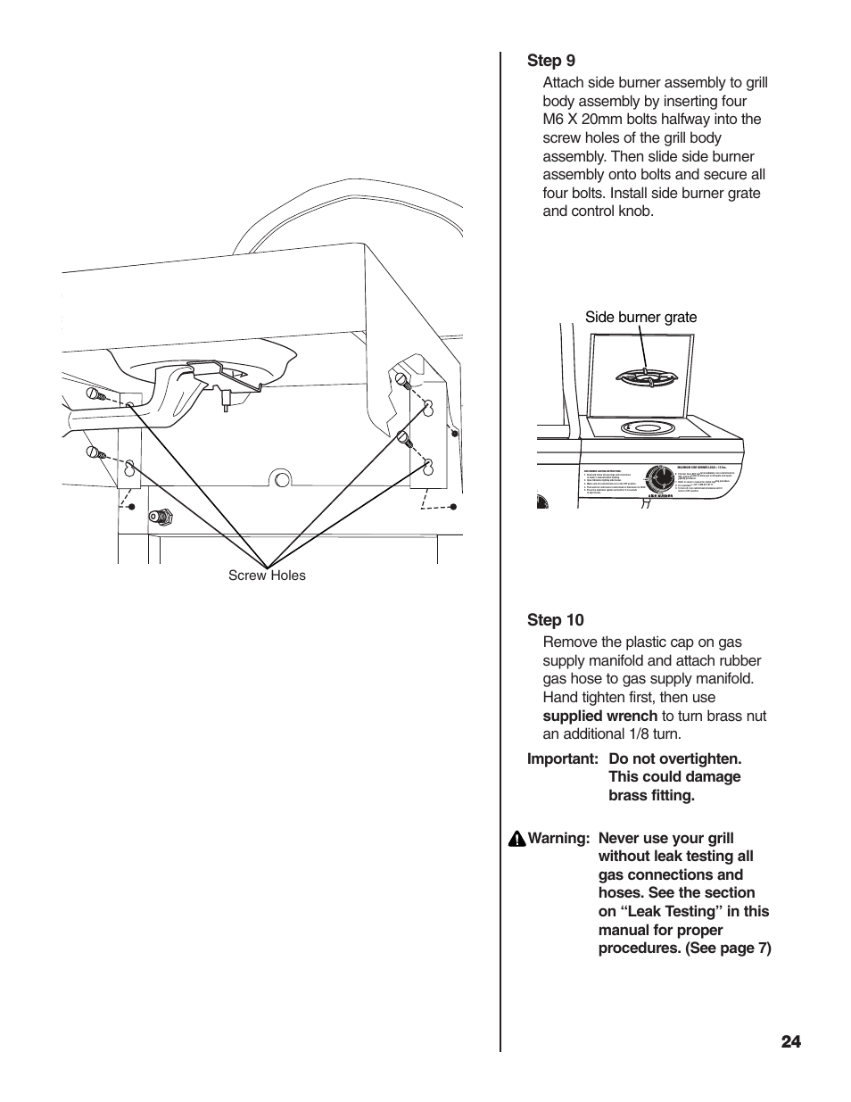 Step 9, Step 10, Side burner grate | Screw holes | Brinkmann 2500 User Manual | Page 25 / 32