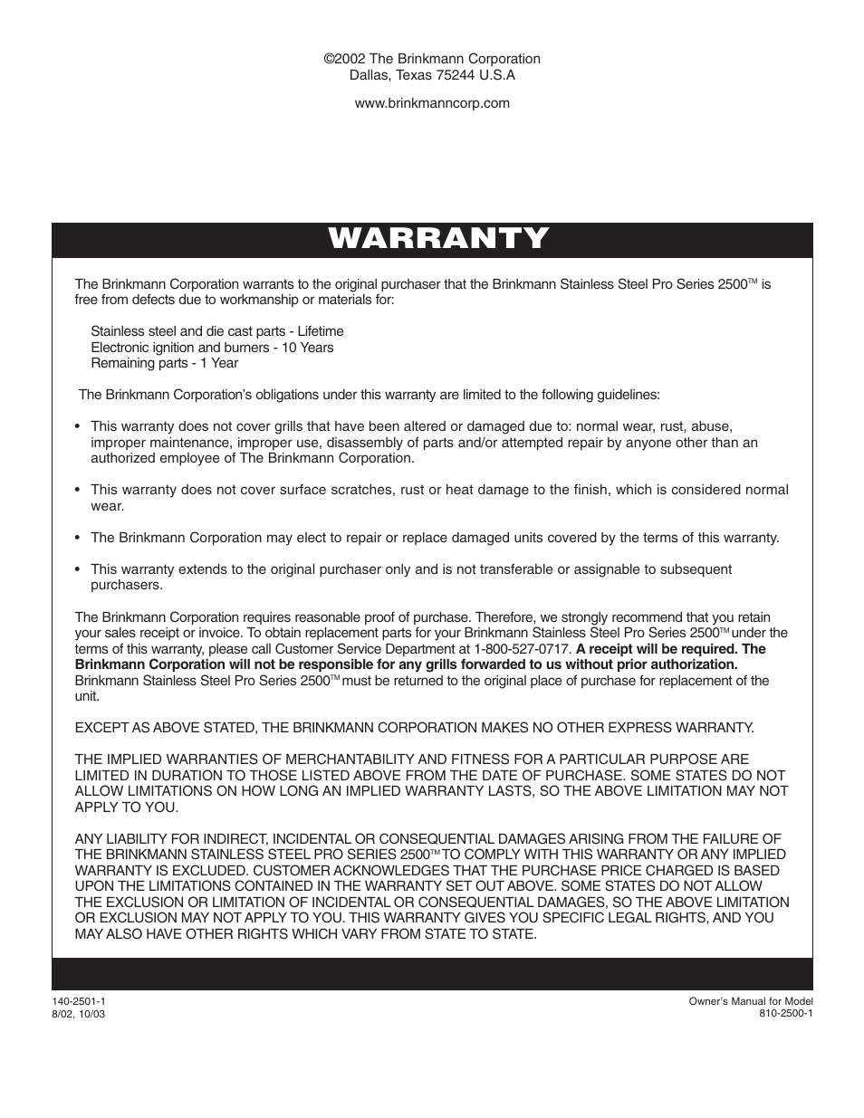 Warranty | Brinkmann 2500 User Manual | Page 32 / 32