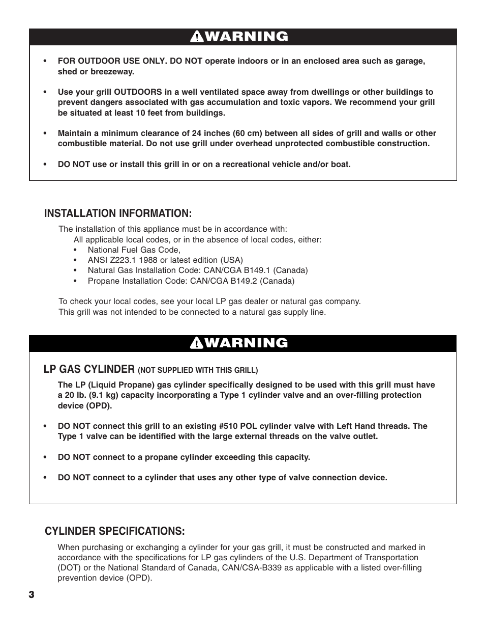 Warning, Cylinder specifications, Lp gas cylinder | Installation information | Brinkmann 2500 User Manual | Page 4 / 32