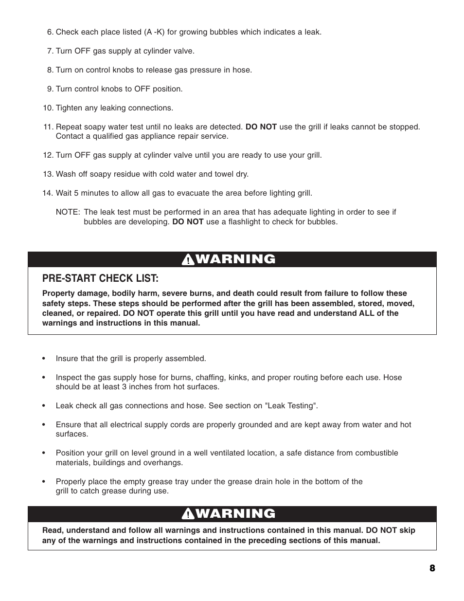 Warning, Pre-start check list | Brinkmann 2500 User Manual | Page 9 / 32