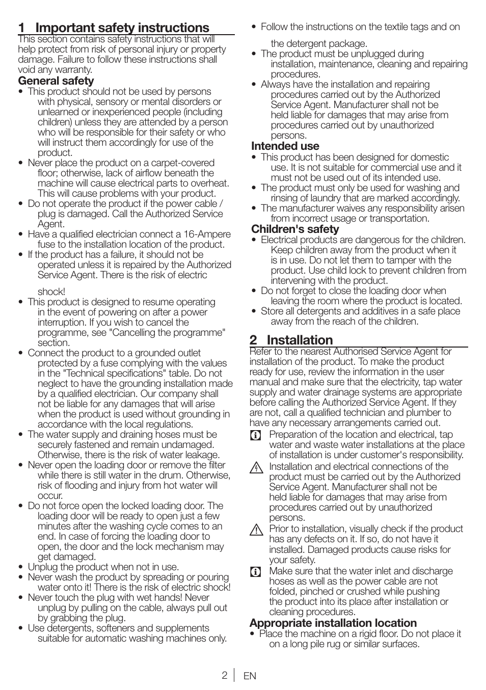 1 important safety instructions, 2 installation | Blomberg WMI 7462 WE20 User Manual | Page 2 / 76