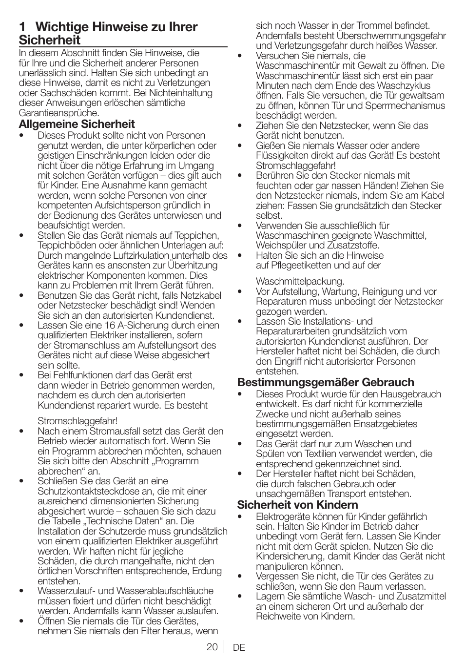 1 wichtige hinweise zu ihrer sicherheit, Allgemeine sicherheit, Bestimmungsgemäßer gebrauch | Sicherheit von kindern | Blomberg WMI 7462 WE20 User Manual | Page 20 / 76