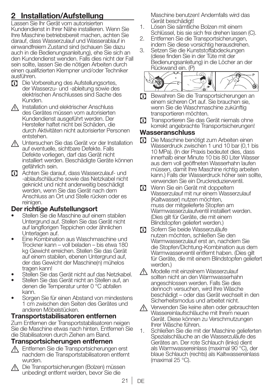 2 installation/aufstellung | Blomberg WMI 7462 WE20 User Manual | Page 21 / 76