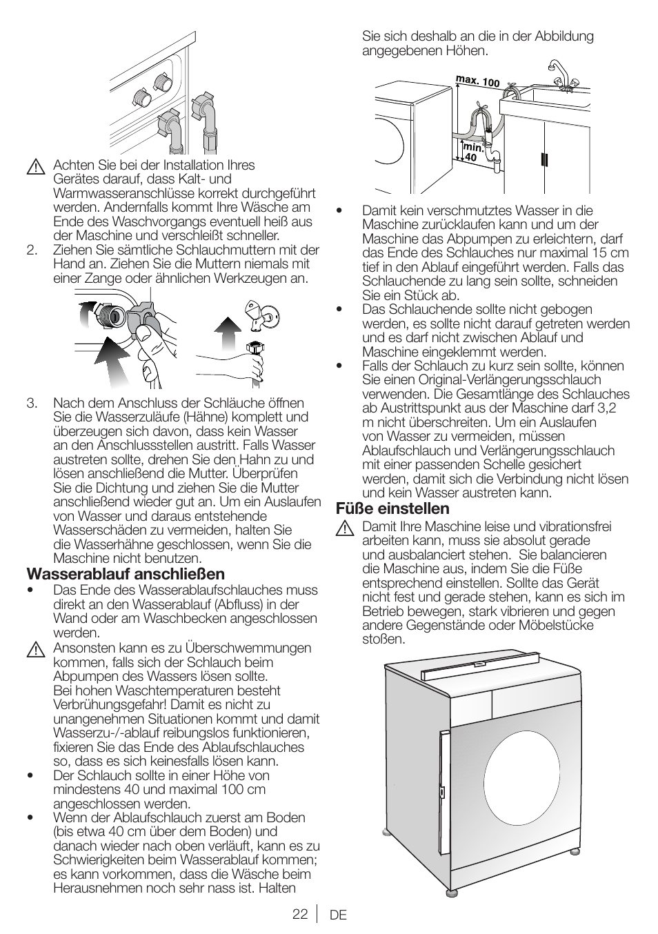 Wasserablauf anschließen, Füße einstellen | Blomberg WMI 7462 WE20 User Manual | Page 22 / 76