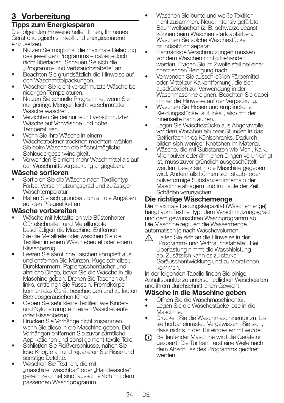 3 vorbereitung, Tipps zum energiesparen, Wäsche sortieren | Wäsche vorbereiten, Die richtige wäschemenge, Wäsche in die maschine geben | Blomberg WMI 7462 WE20 User Manual | Page 24 / 76