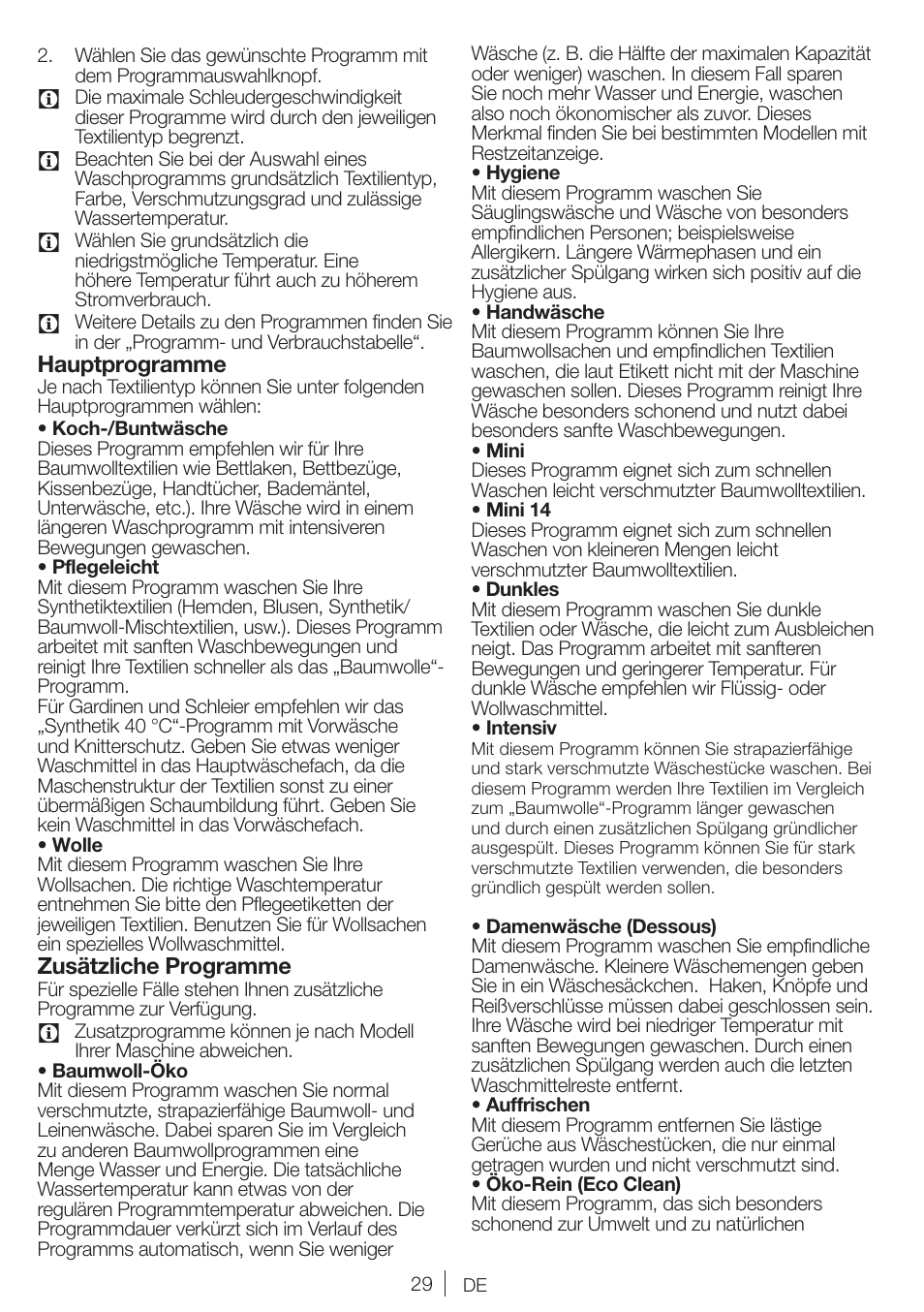 Hauptprogramme, Zusätzliche programme | Blomberg WMI 7462 WE20 User Manual | Page 29 / 76