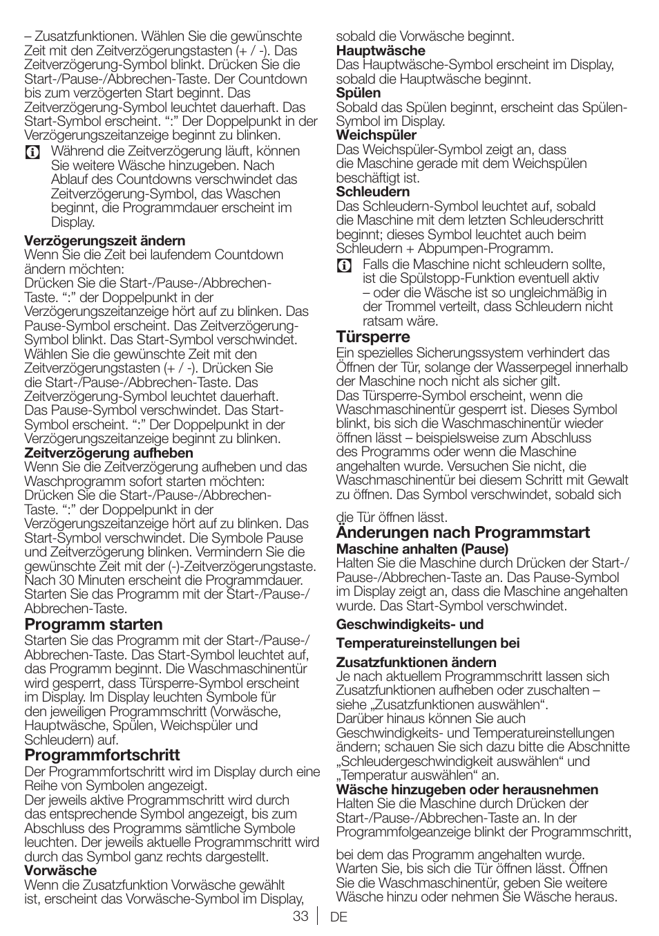 Programm starten, Programmfortschritt, Türsperre | Änderungen nach programmstart | Blomberg WMI 7462 WE20 User Manual | Page 33 / 76