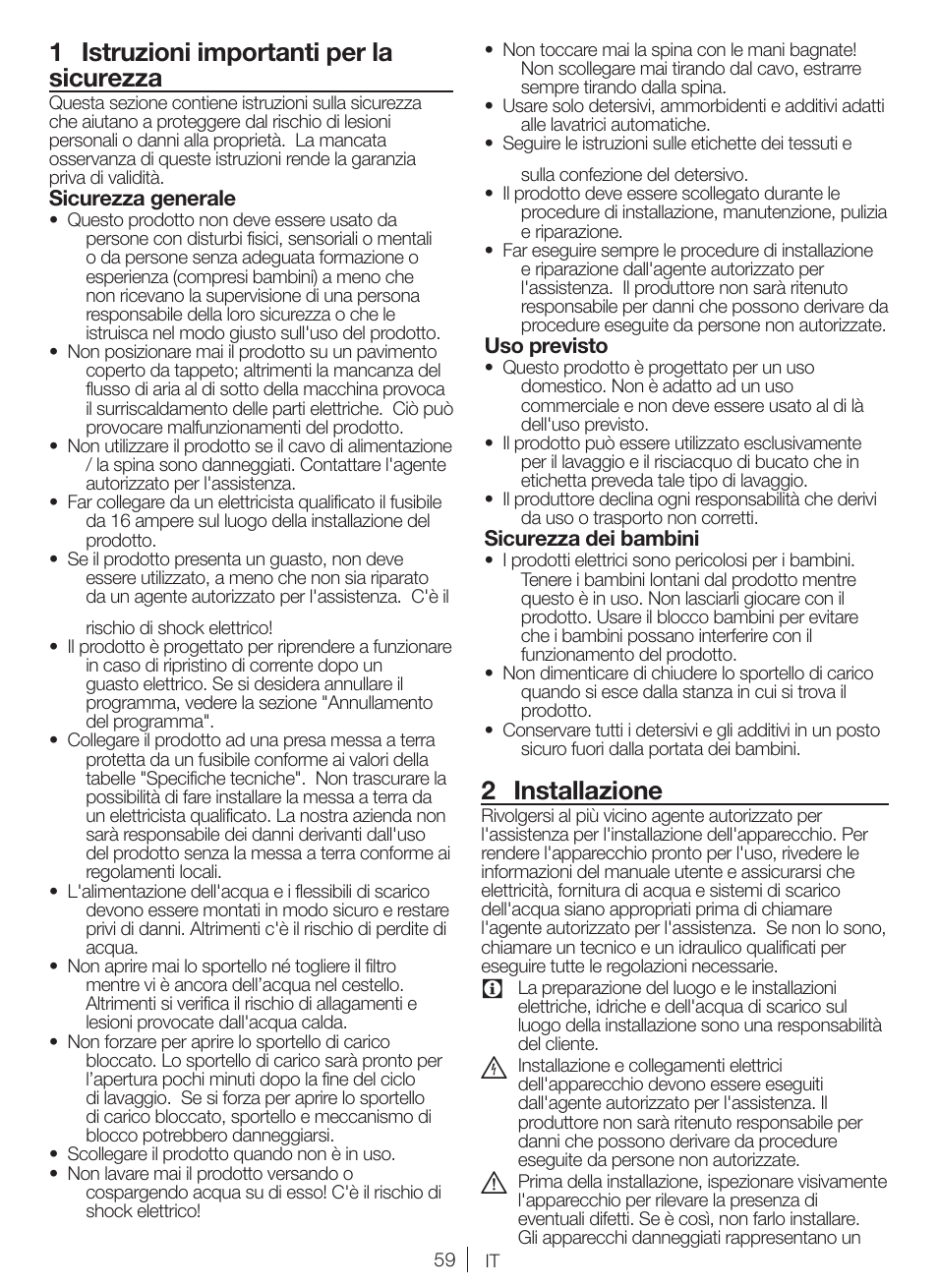 1 istruzioni importanti per la sicurezza, 2 installazione | Blomberg WMI 7462 WE20 User Manual | Page 59 / 76