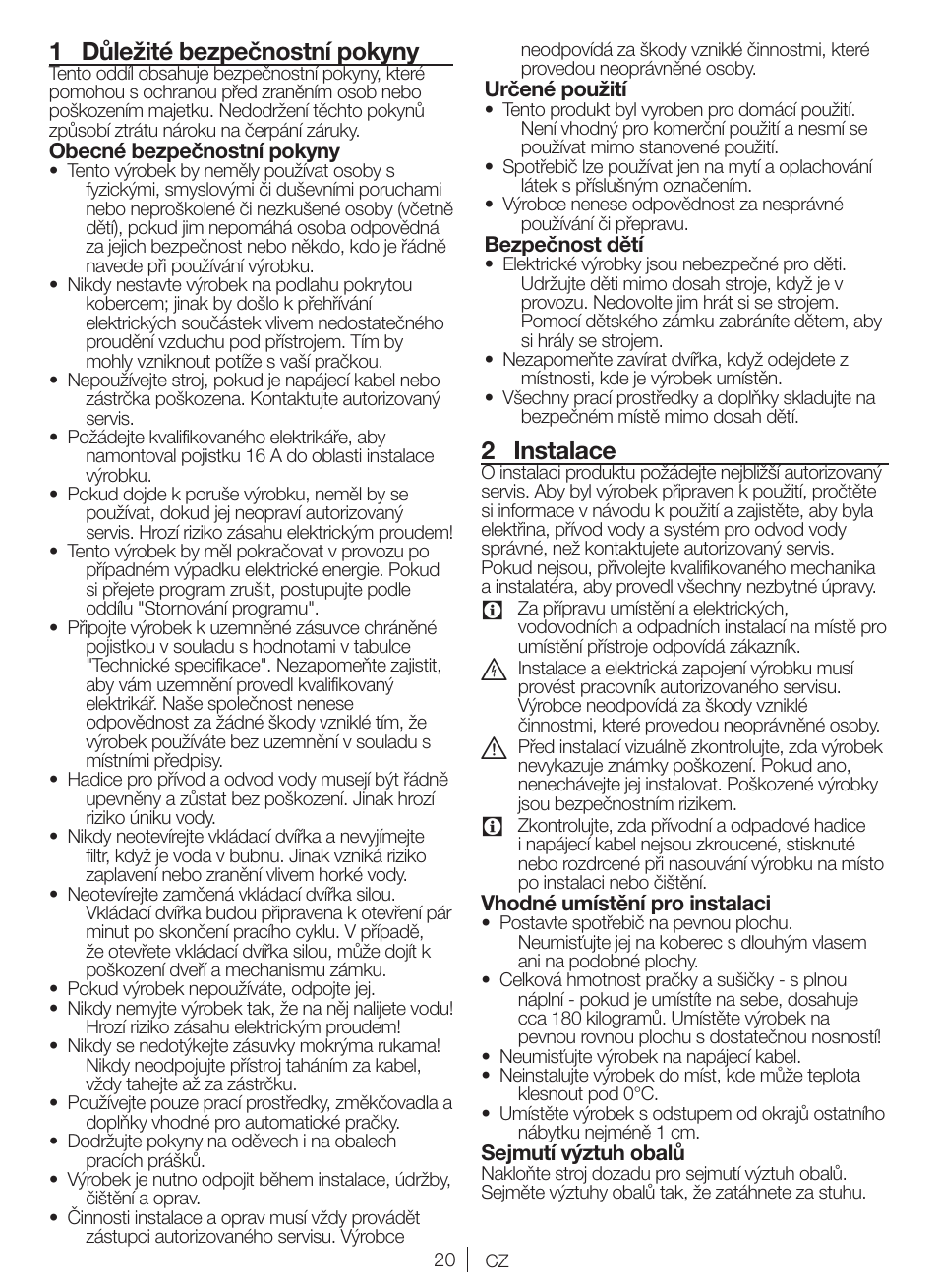 1 důležité bezpečnostní pokyny, 2 instalace | Blomberg WNF 5441 AE20 User Manual | Page 20 / 72