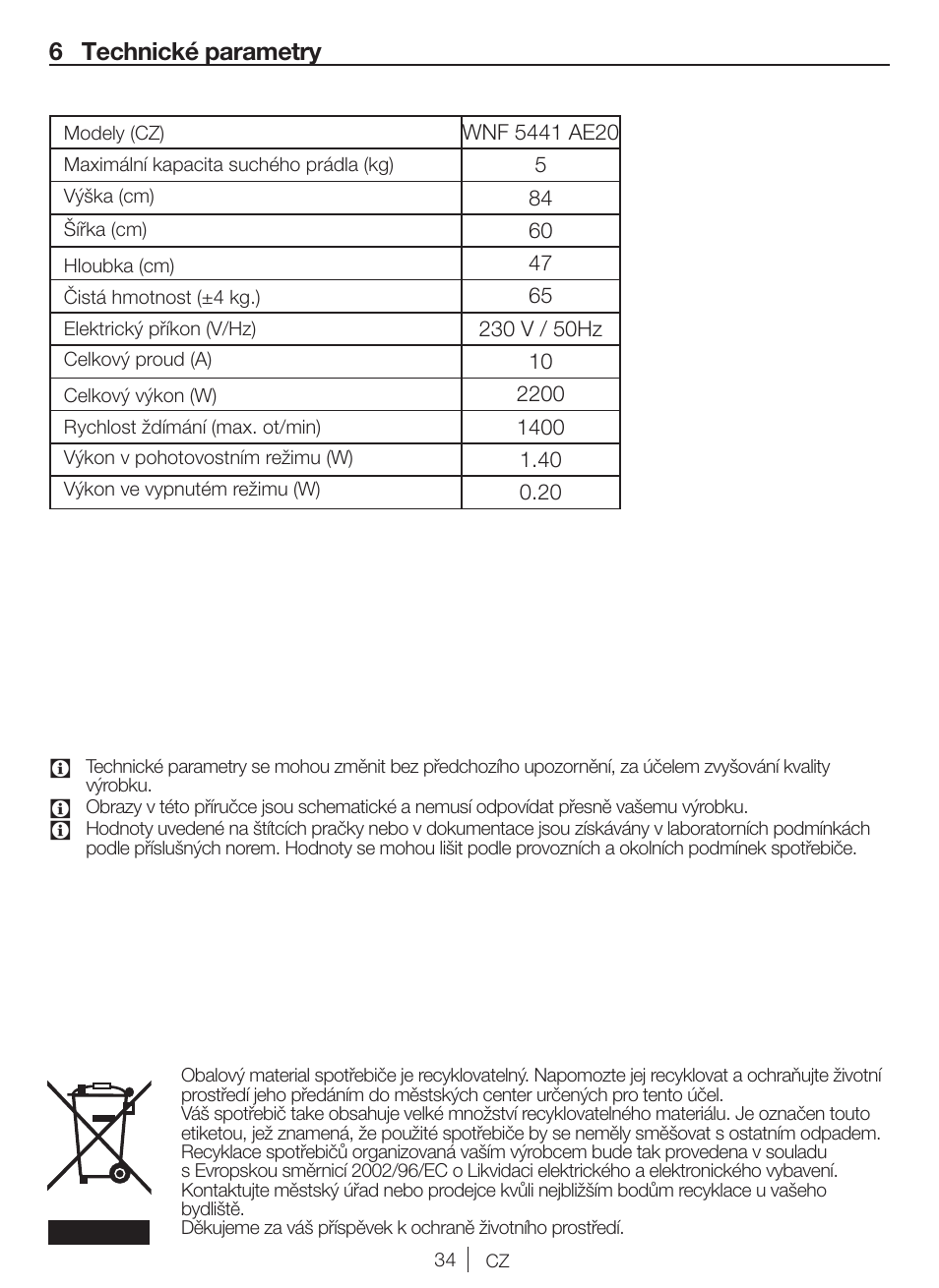 6 technické parametry | Blomberg WNF 5441 AE20 User Manual | Page 34 / 72