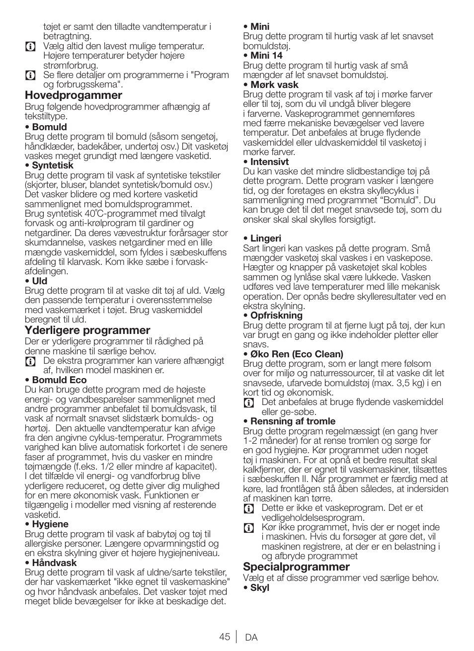 Hovedprogammer, Yderligere programmer, Specialprogrammer | Blomberg WNF 5441 AE20 User Manual | Page 45 / 72