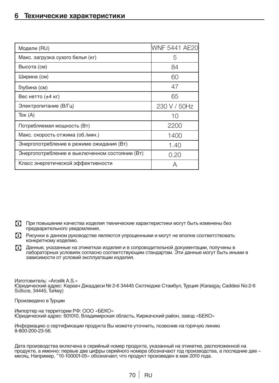 6 технические характеристики | Blomberg WNF 5441 AE20 User Manual | Page 70 / 72