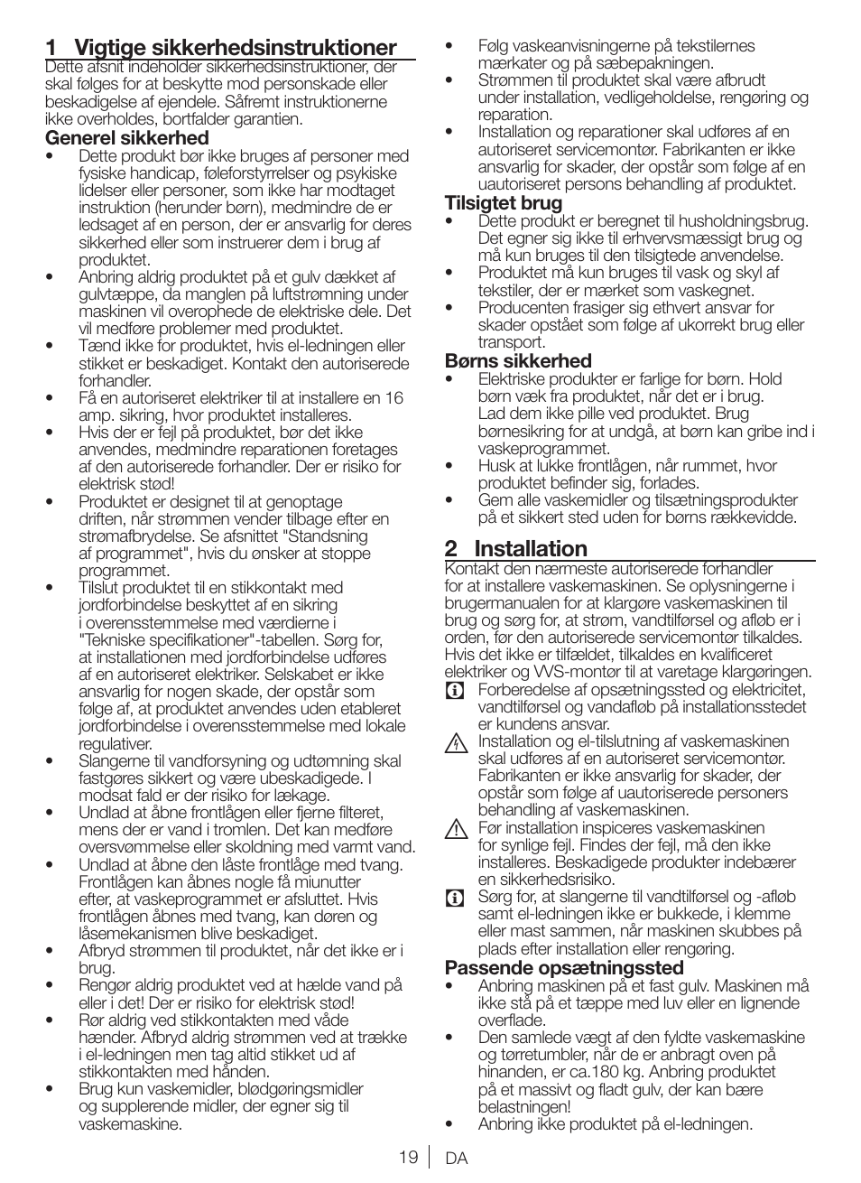 1 vigtige sikkerhedsinstruktioner, 2 installation | Blomberg WNF 5380 WE User Manual | Page 19 / 68