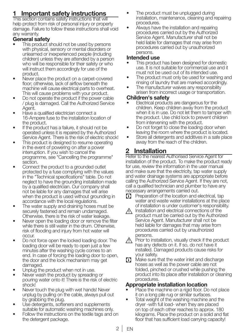 1 important safety instructions, 2 installation | Blomberg WNF 5380 WE User Manual | Page 2 / 68