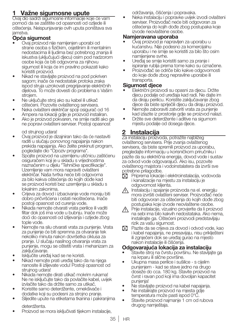 1 važne sigurnosne upute, 2 instalacija | Blomberg WNF 5380 WE User Manual | Page 35 / 68