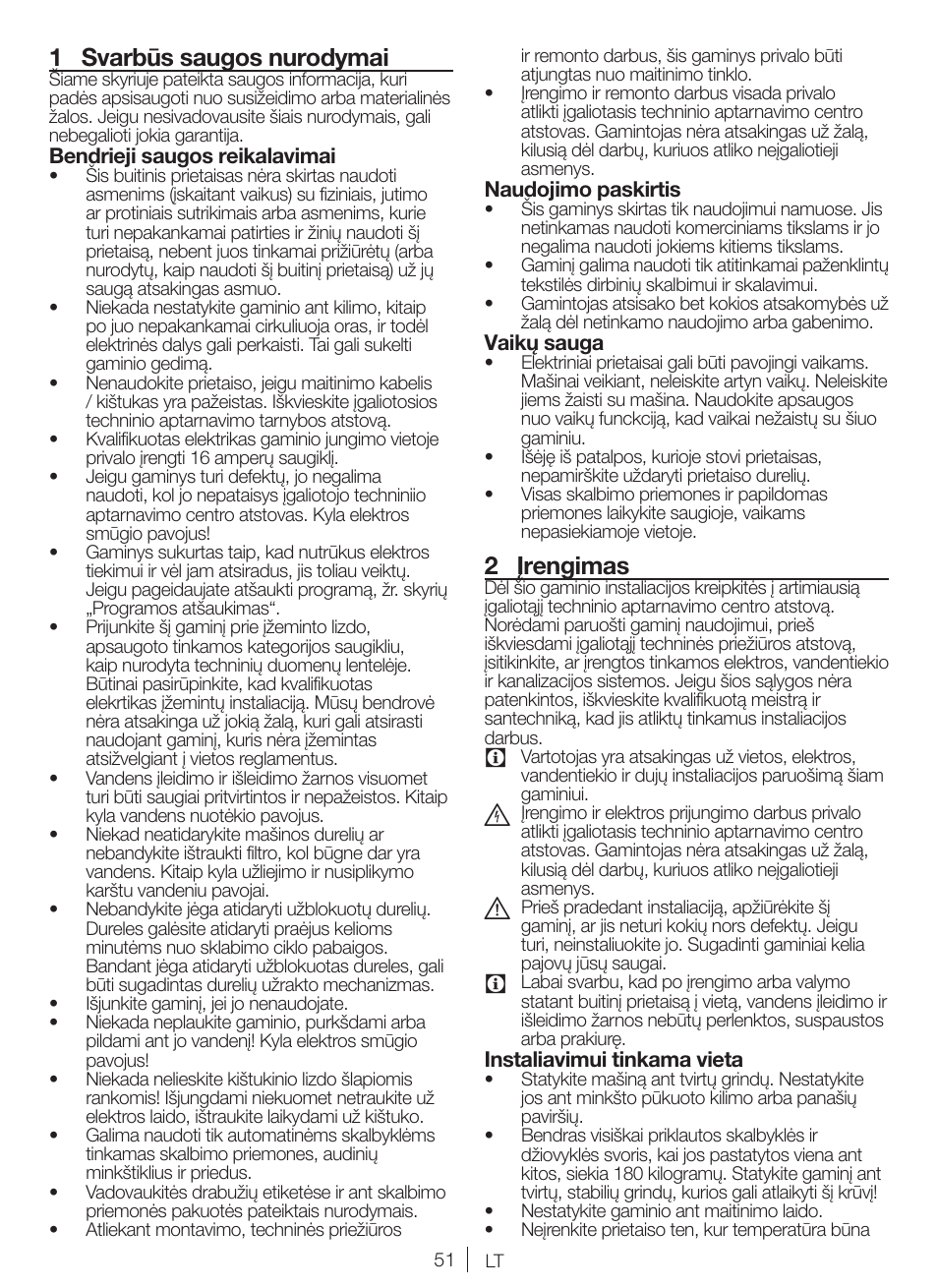 1 svarbūs saugos nurodymai, 2 įrengimas | Blomberg WNF 5380 WE User Manual | Page 51 / 68