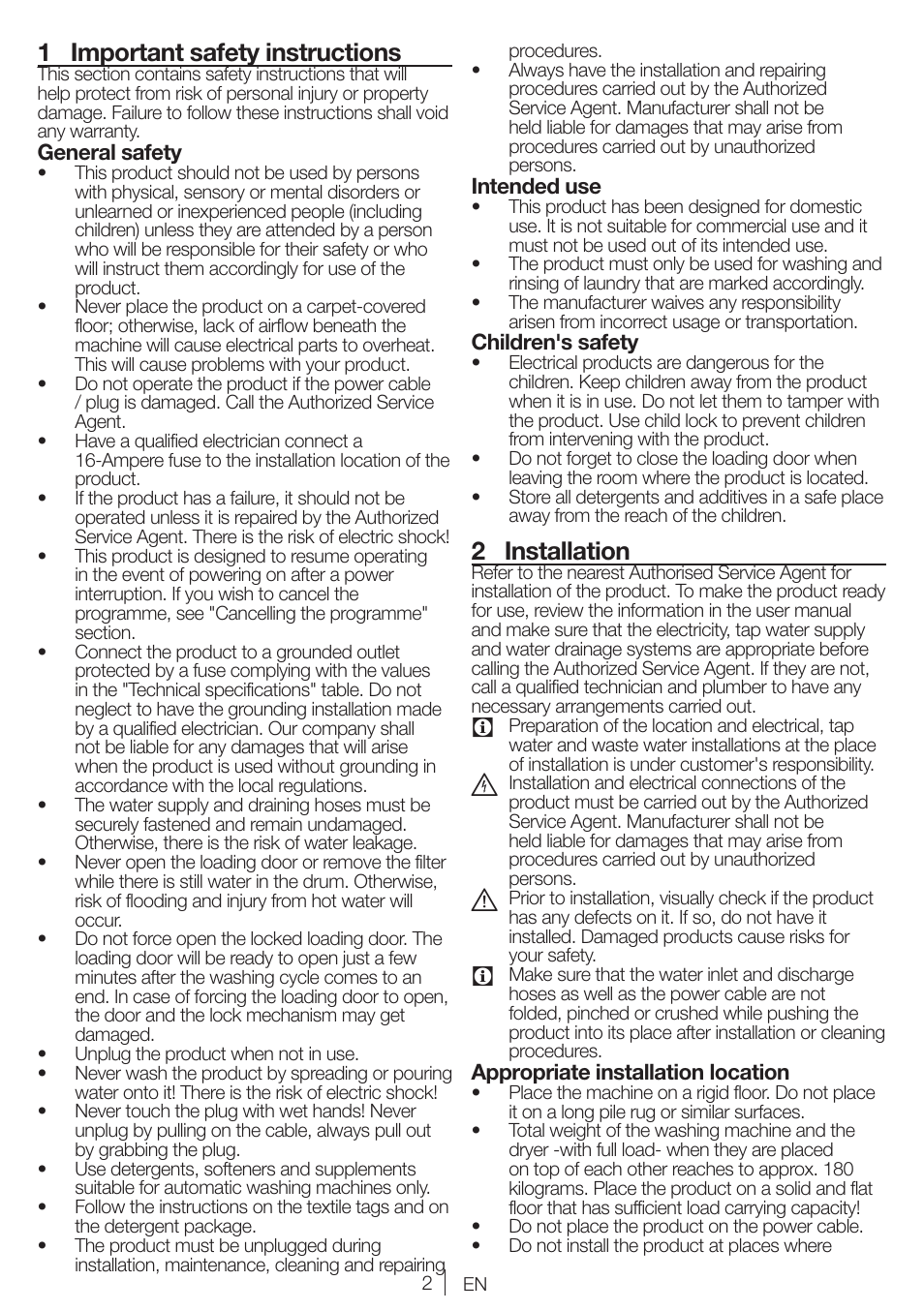 1 important safety instructions, 2 installation | Blomberg WNF 5180 WE User Manual | Page 2 / 62