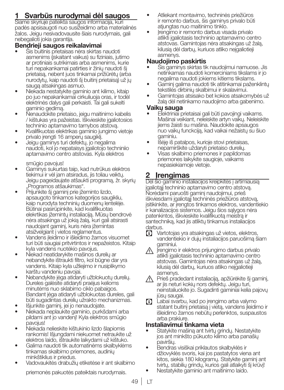 1 svarbūs nurodymai dėl saugos, 2 įrengimas | Blomberg WNF 5180 WE User Manual | Page 49 / 62