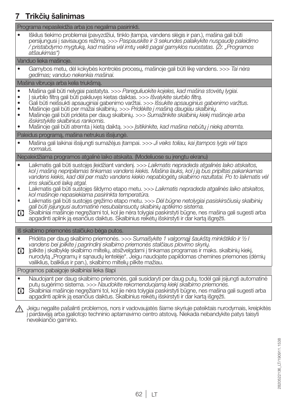 7 trikčių šalinimas | Blomberg WNF 5180 WE User Manual | Page 62 / 62