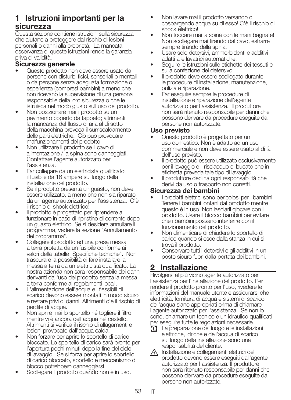 1 istruzioni importanti per la sicurezza, 2 installazione | Blomberg WNF 7361 AE20 User Manual | Page 53 / 68