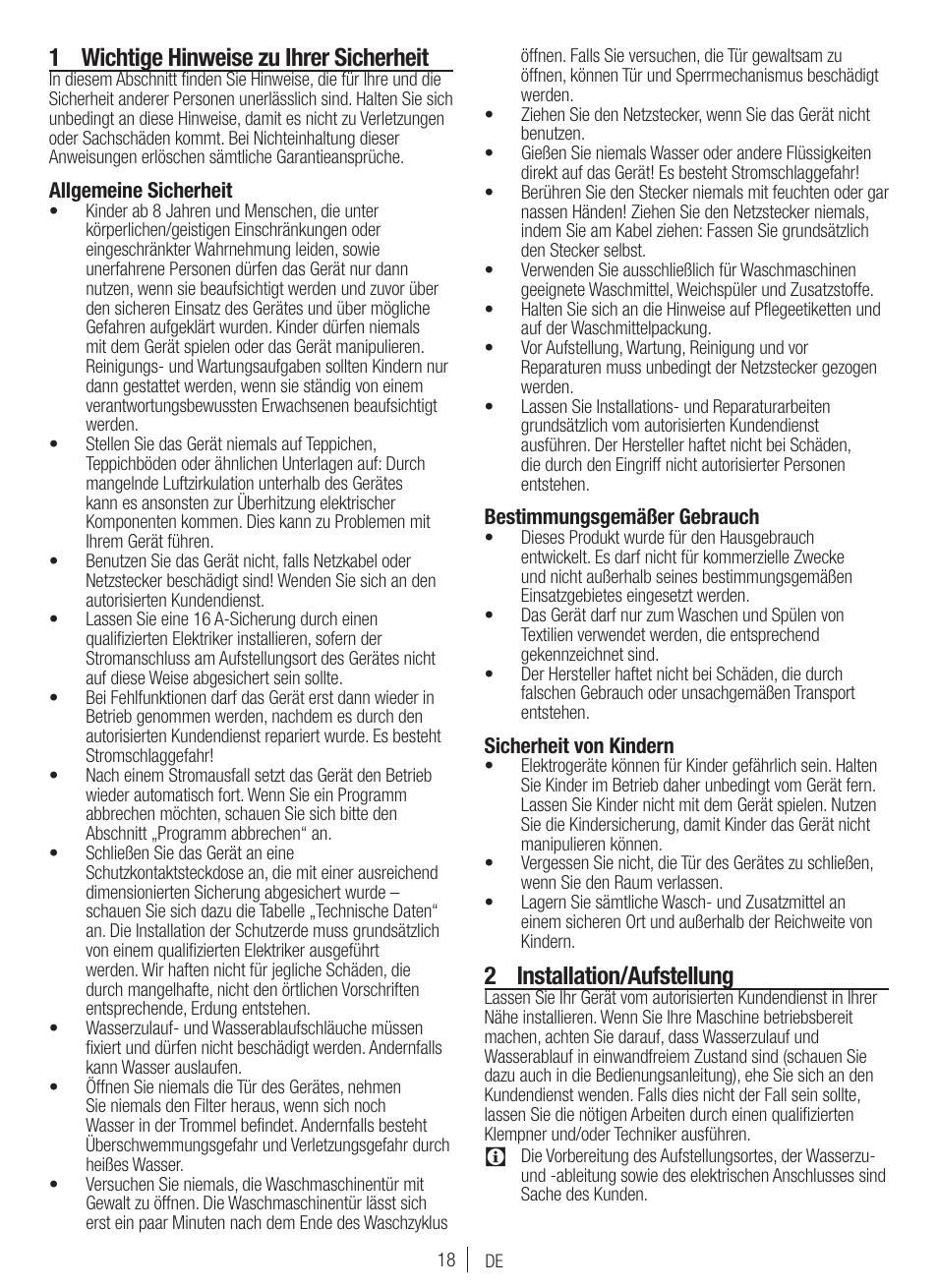 1 wichtige hinweise zu ihrer sicherheit, 2 installation/aufstellung | Blomberg WNF 7300 WE20 User Manual | Page 18 / 68