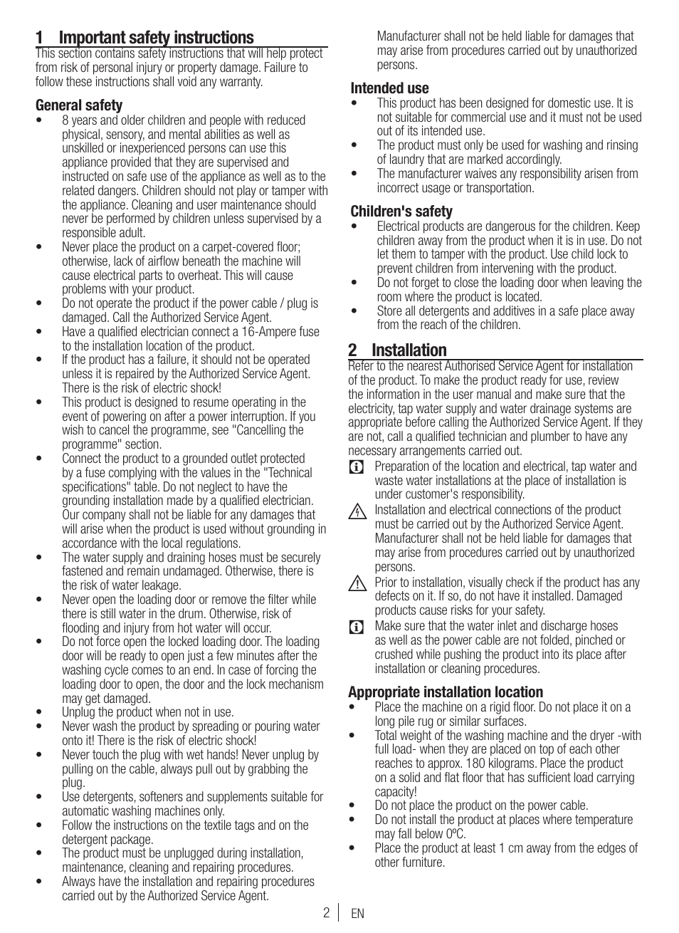1 important safety instructions, 2 installation | Blomberg WNF 7300 WE20 User Manual | Page 2 / 68