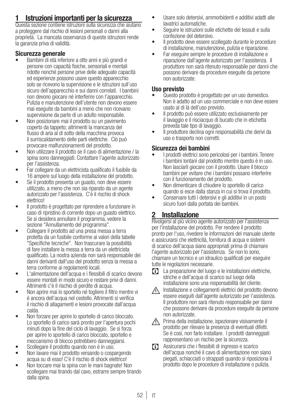 1 istruzioni importanti per la sicurezza, 2 installazione | Blomberg WNF 7300 WE20 User Manual | Page 52 / 68