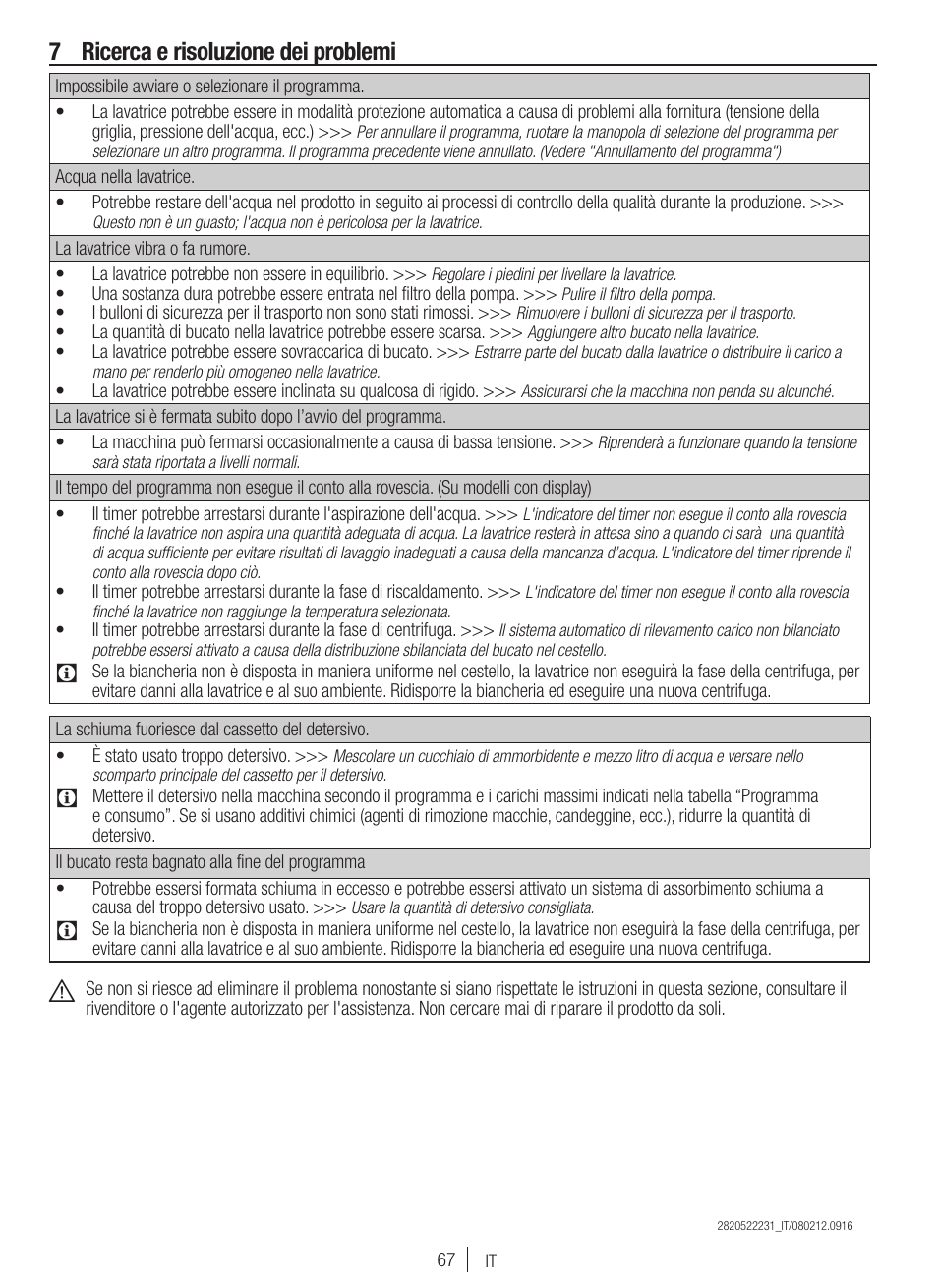 7 ricerca e risoluzione dei problemi | Blomberg WNF 7300 WE20 User Manual | Page 67 / 68