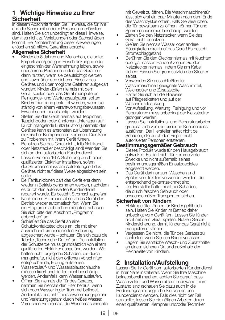 1 wichtige hinweise zu ihrer sicherheit, 2 installation/aufstellung | Blomberg WNF 7241 WE20 User Manual | Page 19 / 68