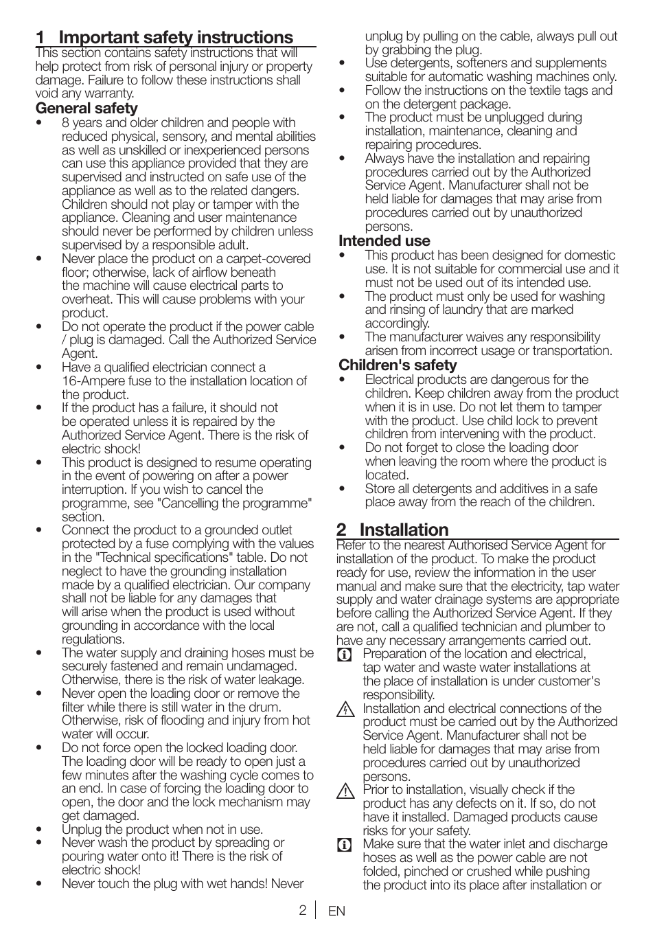 1 important safety instructions, 2 installation | Blomberg WNF 7241 WE20 User Manual | Page 2 / 68