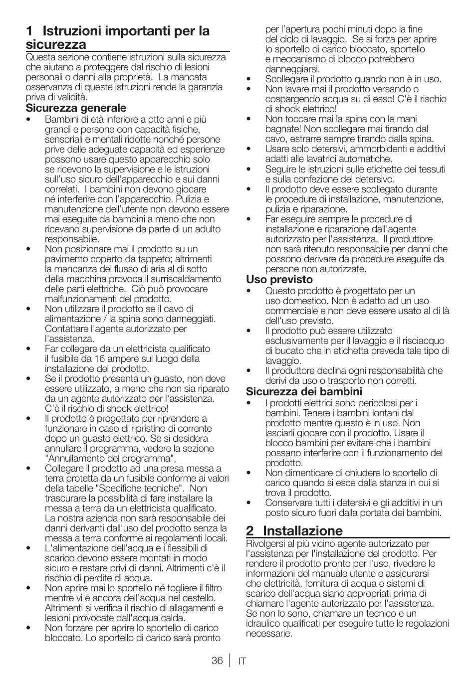 1 istruzioni importanti per la sicurezza, 2 installazione | Blomberg WNF 7241 WE20 User Manual | Page 36 / 68
